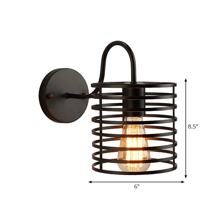 Skørter | Metal Cylinder Incased Wall Lamp with Gooseneck Arm Retro 1 Head Corridor Wall Sconce Light in Black, 8.5"/9.5" Width