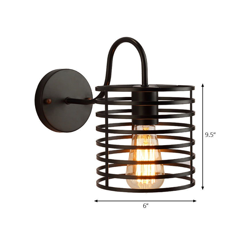 Skørter | Metal Cylinder Incased Wall Lamp with Gooseneck Arm Retro 1 Head Corridor Wall Sconce Light in Black, 8.5"/9.5" Width