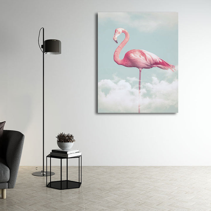 Lisslune | Canvas Pink Art Print Tropical Flamingo and Clouds Wall Decoration for Home Interior