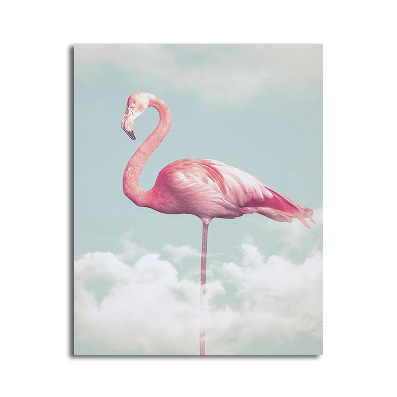 Lisslune | Canvas Pink Art Print Tropical Flamingo and Clouds Wall Decoration for Home Interior
