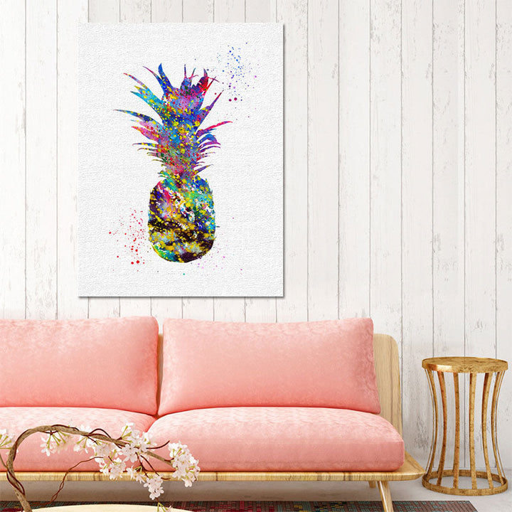 Lisslune | Tropical Pineapple Watercolor Canvas Blue Textured Wall Art Print for Living Room