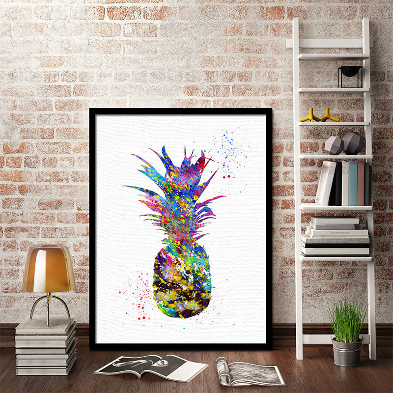 Lisslune | Tropical Pineapple Watercolor Canvas Blue Textured Wall Art Print for Living Room