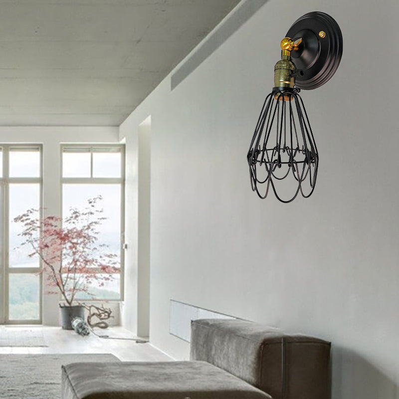 Skørter | Cast iron wire protection wall lighting farmhouse style 1 bulb restaurant swivel sconce lamp in black/bronze