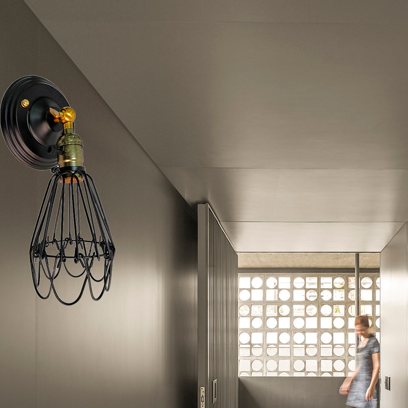 Skørter | Cast iron wire protection wall lighting farmhouse style 1 bulb restaurant swivel sconce lamp in black/bronze