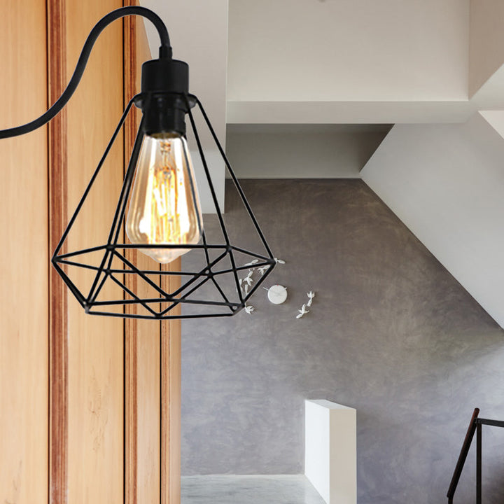 Lisslune | Black 1 Light Wall Lamp Retro Style Metal Diamond/Star Wall Light with Cage Shade for Café