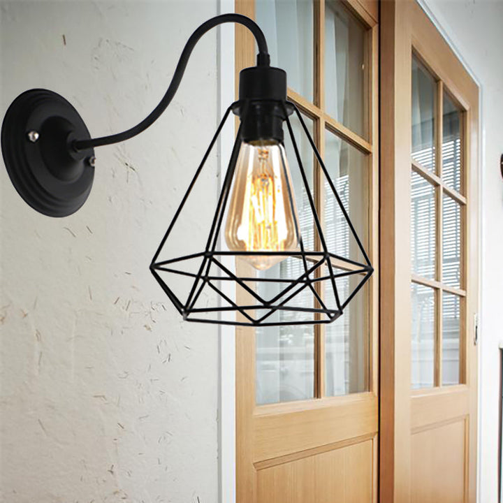 Lisslune | Black 1 Light Wall Lamp Retro Style Metal Diamond/Star Wall Light with Cage Shade for Café