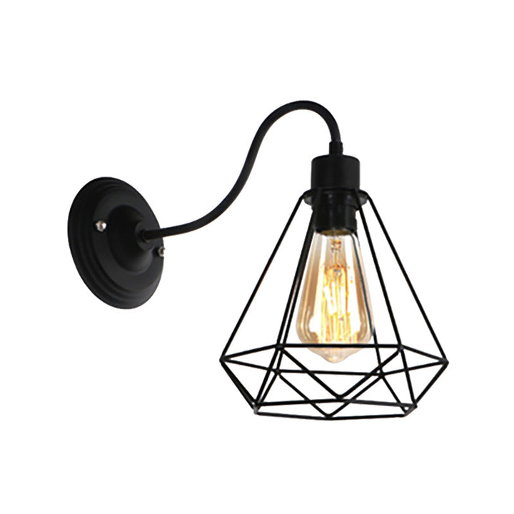 Lisslune | Black 1 Light Wall Lamp Retro Style Metal Diamond/Star Wall Light with Cage Shade for Café