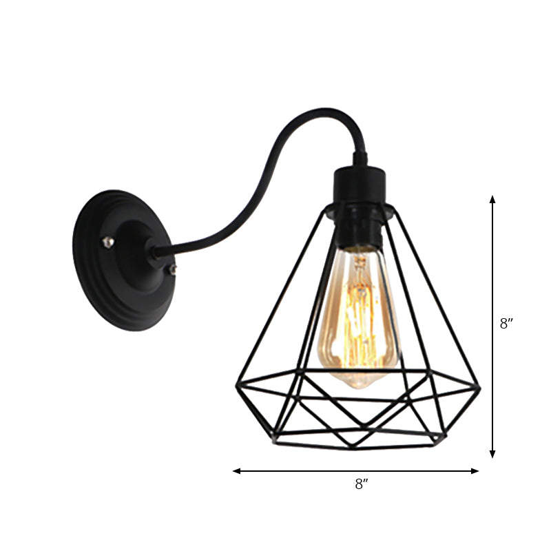Lisslune | Black 1 Light Wall Lamp Retro Style Metal Diamond/Star Wall Light with Cage Shade for Café