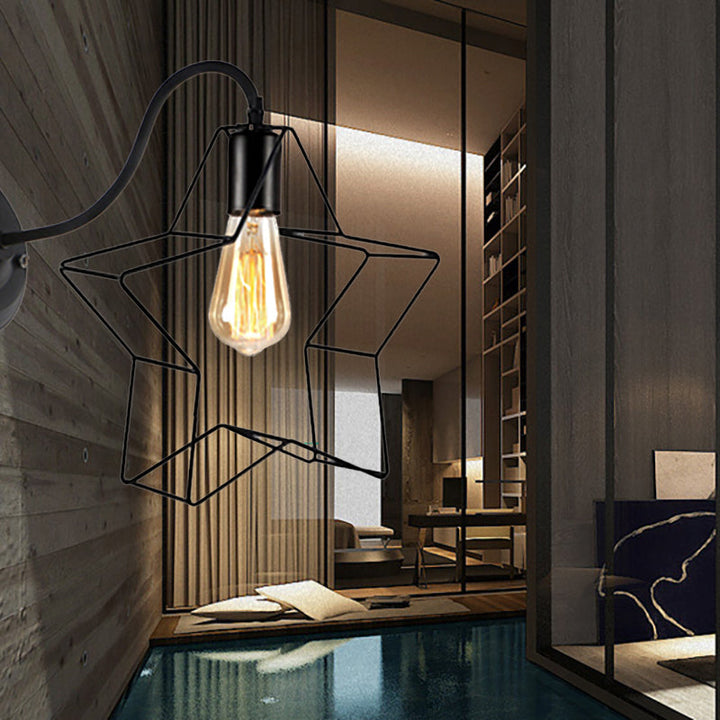 Lisslune | Black 1 Light Wall Lamp Retro Style Metal Diamond/Star Wall Light with Cage Shade for Café