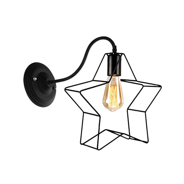 Lisslune | Black 1 Light Wall Lamp Retro Style Metal Diamond/Star Wall Light with Cage Shade for Café