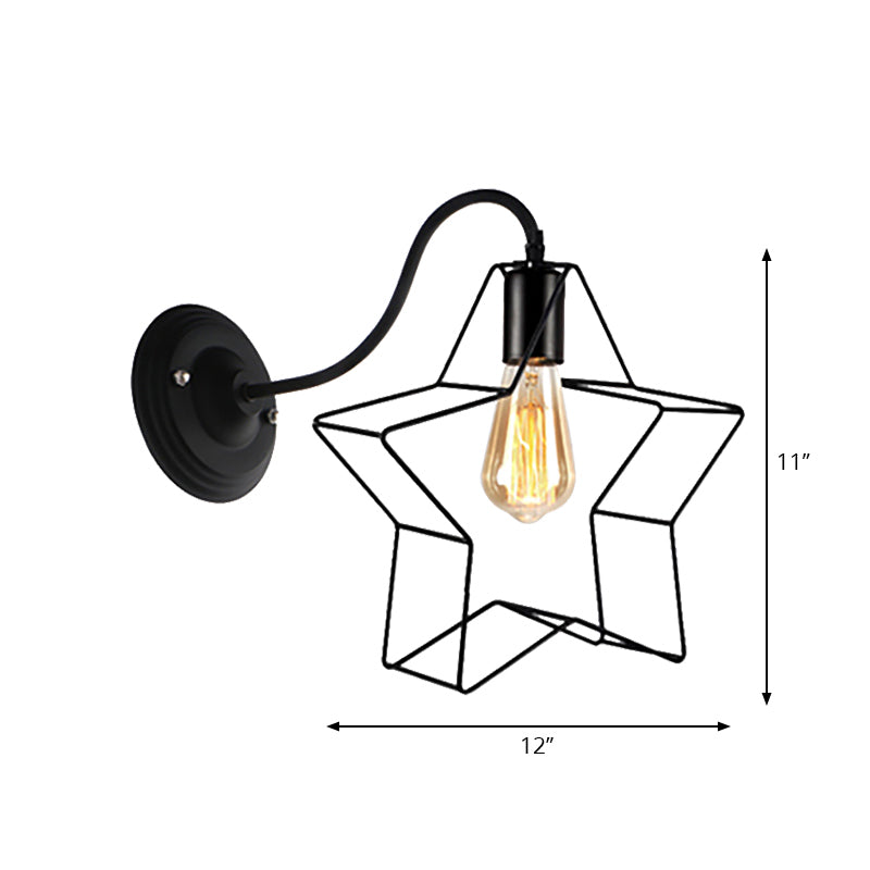 Lisslune | Black 1 Light Wall Lamp Retro Style Metal Diamond/Star Wall Light with Cage Shade for Café