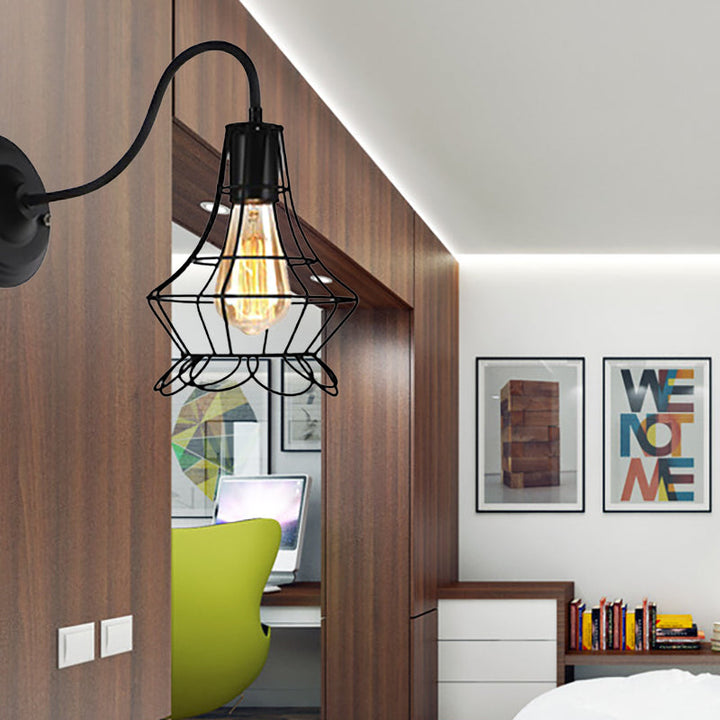 Lisslune | Black 1 Light Wall Lamp Retro Style Metal Diamond/Star Wall Light with Cage Shade for Café
