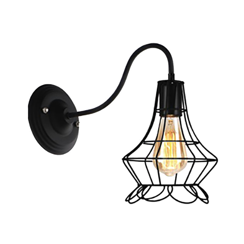 Lisslune | Black 1 Light Wall Lamp Retro Style Metal Diamond/Star Wall Light with Cage Shade for Café