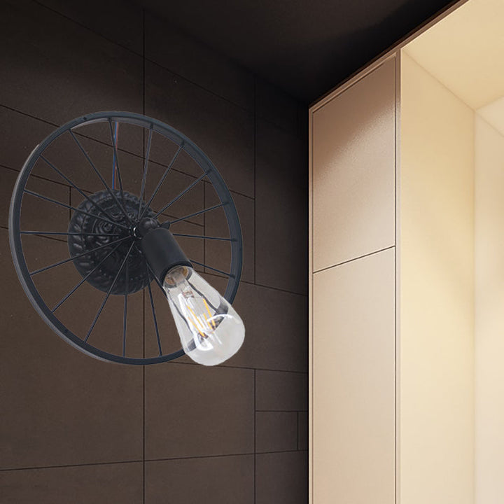 Lisslune | Black/Bronze Wheel Design Wall Sconce Lamp with Open Bulb Farmhouse Style Metal 1 Light Restaurant Sconce Light