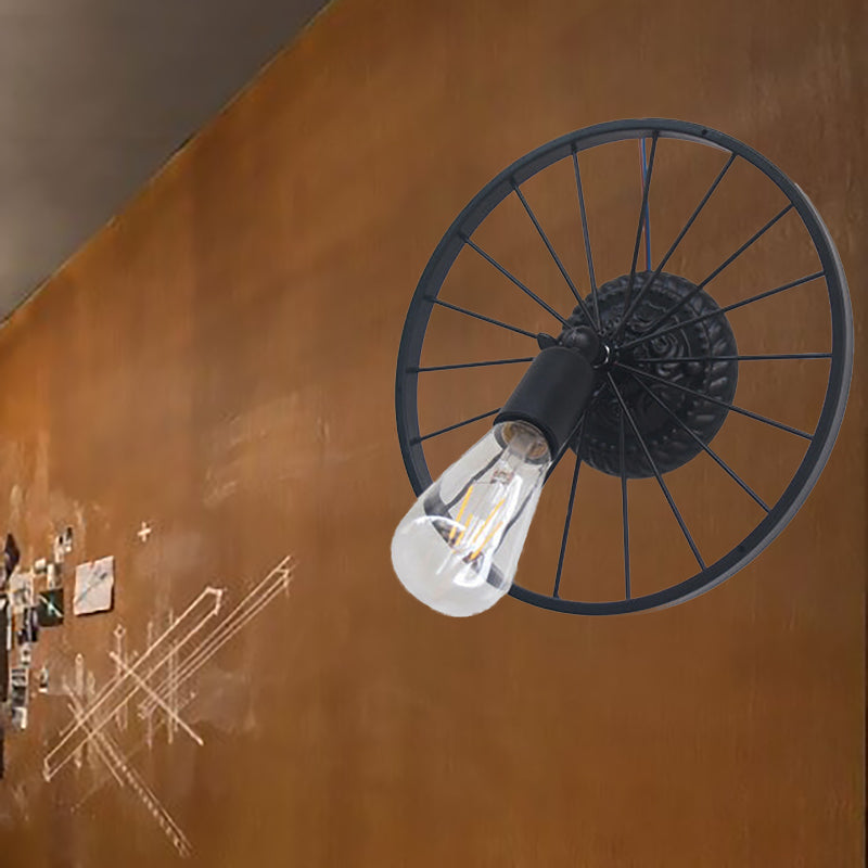 Lisslune | Black/Bronze Wheel Design Wall Sconce Lamp with Open Bulb Farmhouse Style Metal 1 Light Restaurant Sconce Light