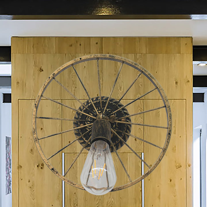 Lisslune | Black/Bronze Wheel Design Wall Sconce Lamp with Open Bulb Farmhouse Style Metal 1 Light Restaurant Sconce Light