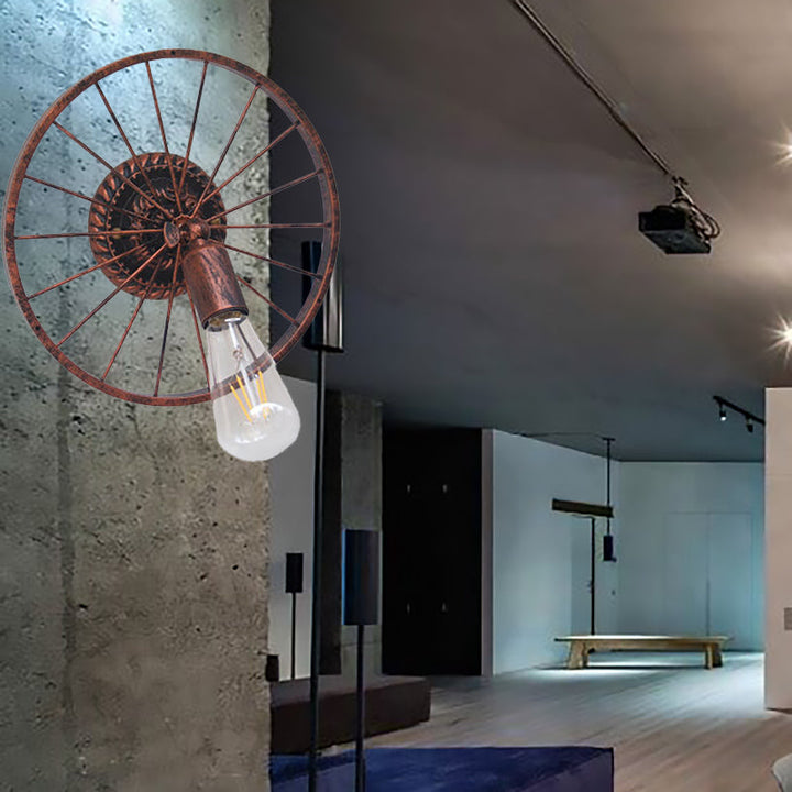 Lisslune | Black/Bronze Wheel Design Wall Sconce Lamp with Open Bulb Farmhouse Style Metal 1 Light Restaurant Sconce Light
