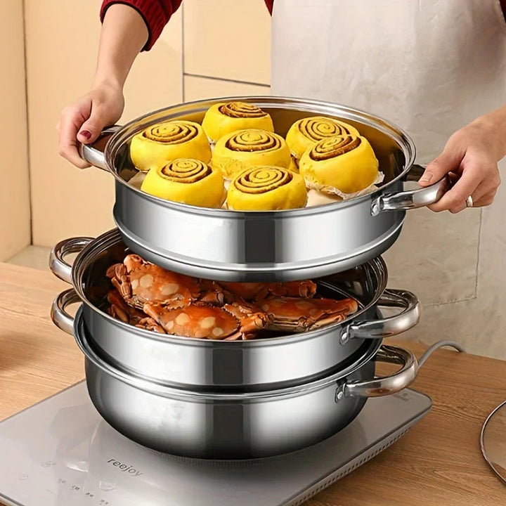 Lisslune | Stainless Steel 3-Tier Steamer with Handles & Glass Lid – Healthy, Efficient Cooking