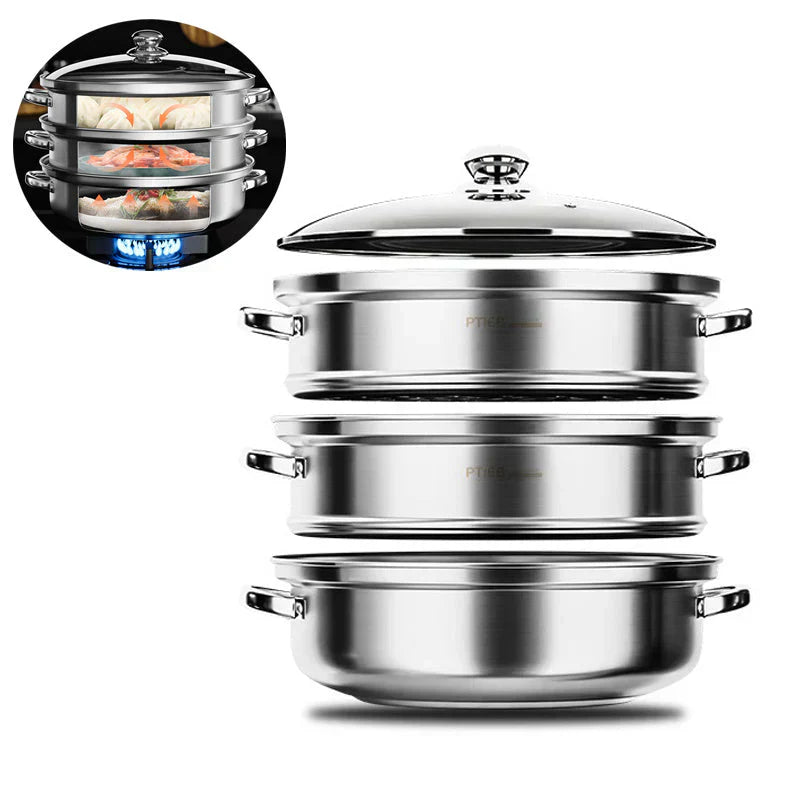 Lisslune | Stainless Steel 3-Tier Steamer with Handles & Glass Lid – Healthy, Efficient Cooking