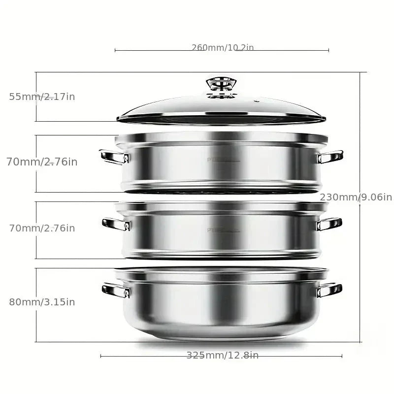 Lisslune | Stainless Steel 3-Tier Steamer with Handles & Glass Lid – Healthy, Efficient Cooking