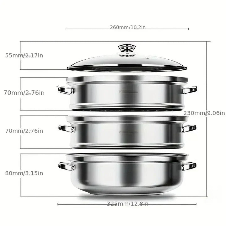 Lisslune | Stainless Steel 3-Tier Steamer with Handles & Glass Lid – Healthy, Efficient Cooking