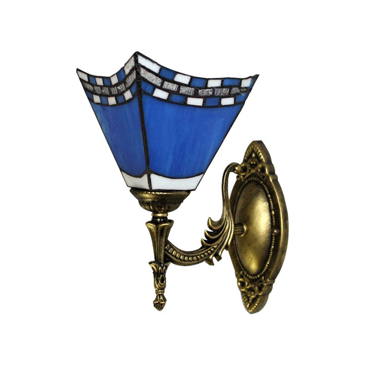 Lisslune | Blue Pyramid Wall Lighting Nautical Mission 1 Light Stained Glass Wall Mounted Light for Foyer