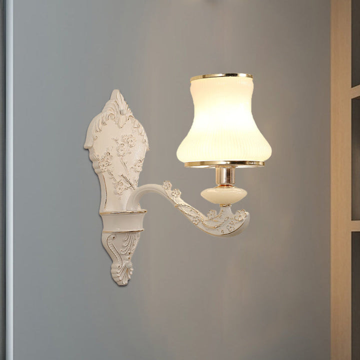 Skørter | Gourd Bedroom Wall Mount Lamp Rustic White Glass 1/2-Head Beige Wall Lighting Ideas with Resin Backplate
