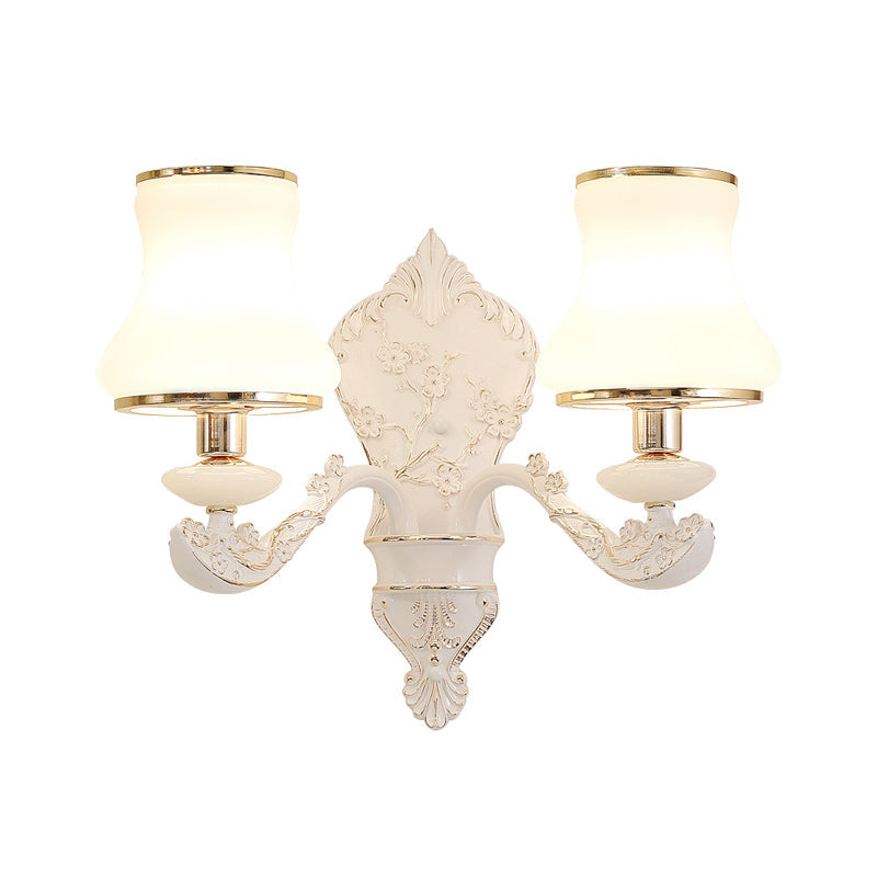 Skørter | Gourd Bedroom Wall Mount Lamp Rustic White Glass 1/2-Head Beige Wall Lighting Ideas with Resin Backplate