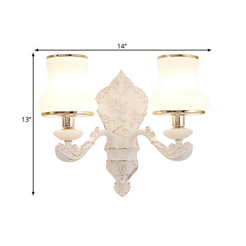 Skørter | Gourd Bedroom Wall Mount Lamp Rustic White Glass 1/2-Head Beige Wall Lighting Ideas with Resin Backplate