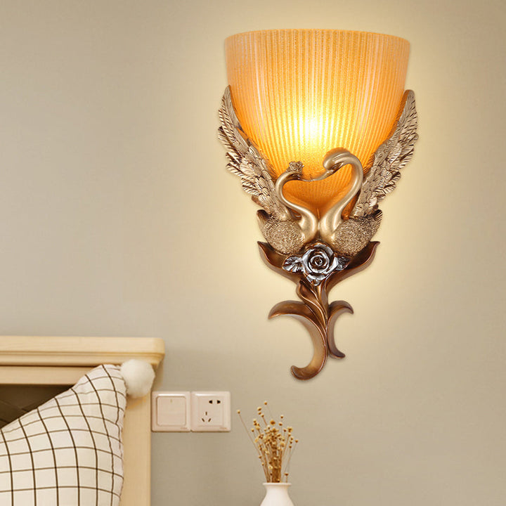 Skørter | Resin Duck Wall Lighting Ideas Classic 1 Lamp Bedroom Wall Lamp in Gold with Bowl Amber Ribbed Glass Ceiling