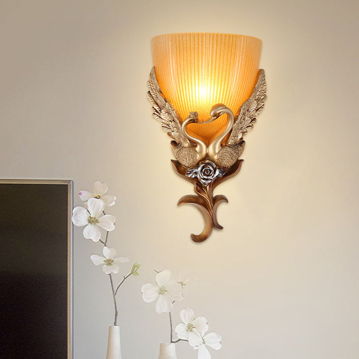 Skørter | Resin Duck Wall Lighting Ideas Classic 1 Lamp Bedroom Wall Lamp in Gold with Bowl Amber Ribbed Glass Ceiling