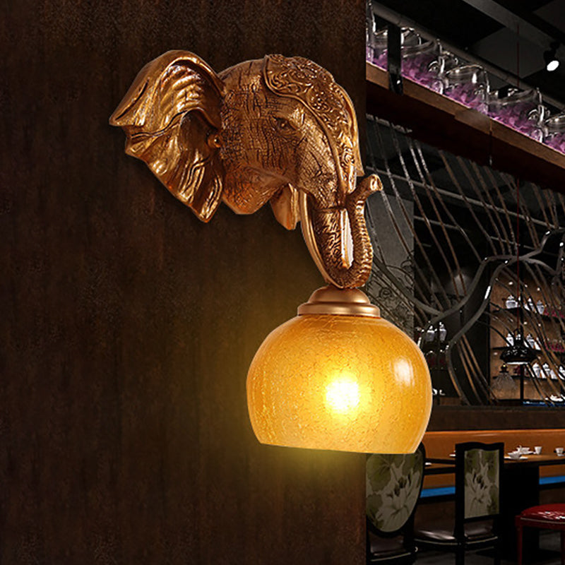 Skørter | Golden 1-bulb wall light traditional orb crackle frosted glass wall lamp with resin elephant backplate