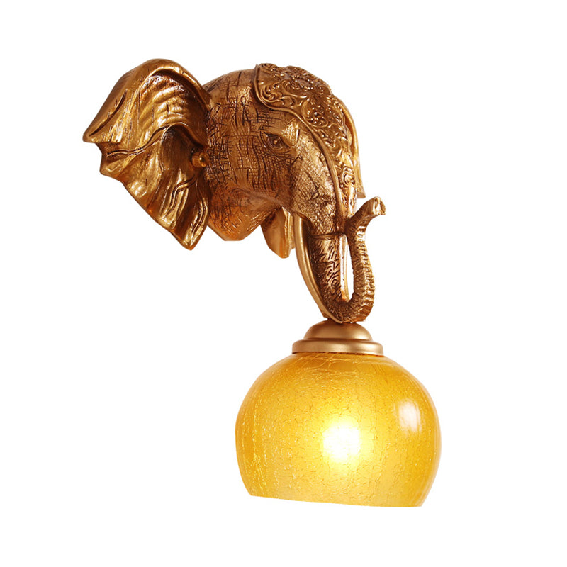 Skørter | Golden 1-bulb wall light traditional orb crackle frosted glass wall lamp with resin elephant backplate
