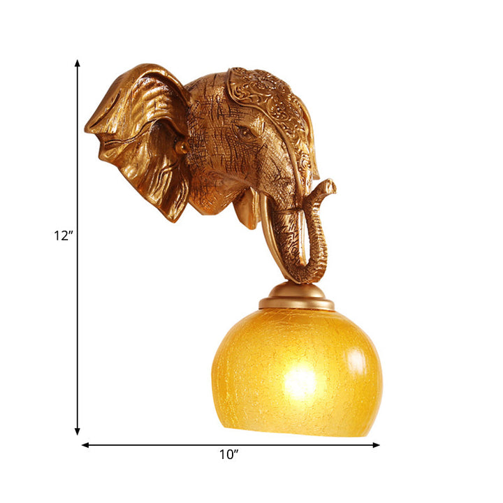 Skørter | Golden 1-bulb wall light traditional orb crackle frosted glass wall lamp with resin elephant backplate