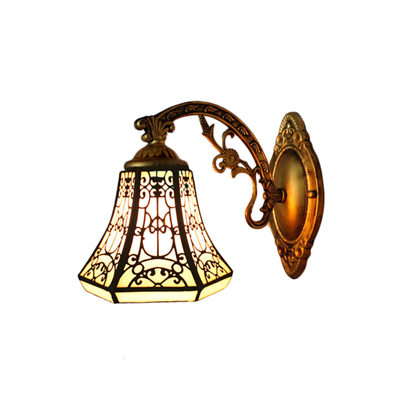 Lisslune | Stained Glass Wall Lamp with Aged Brass Curved Arm 1 Light Lodge Wall Mount Lamp