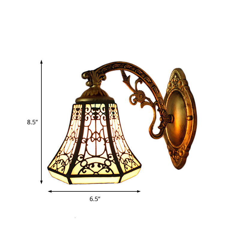 Lisslune | Stained Glass Wall Lamp with Aged Brass Curved Arm 1 Light Lodge Wall Mount Lamp