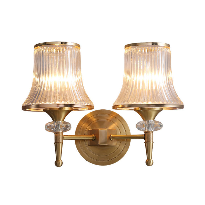 Skørter | Conic Clear Ribbed Glass Wall Lamp Classic 1/2-Ball Living Room Wall Light in Brass with Crystal Accent