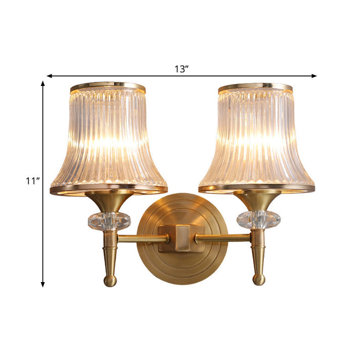 Skørter | Conic Clear Ribbed Glass Wall Lamp Classic 1/2-Ball Living Room Wall Light in Brass with Crystal Accent