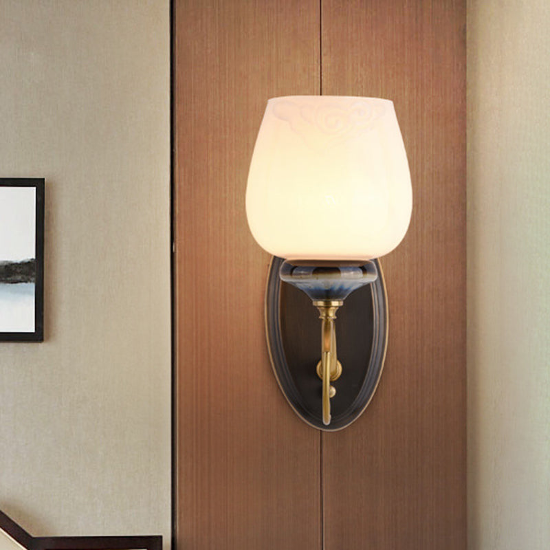 Skørter | Milk-colored Glass Brass Wall Lamp Tapered 1 Light Traditional Wall-mounted Lamp for Living Room
