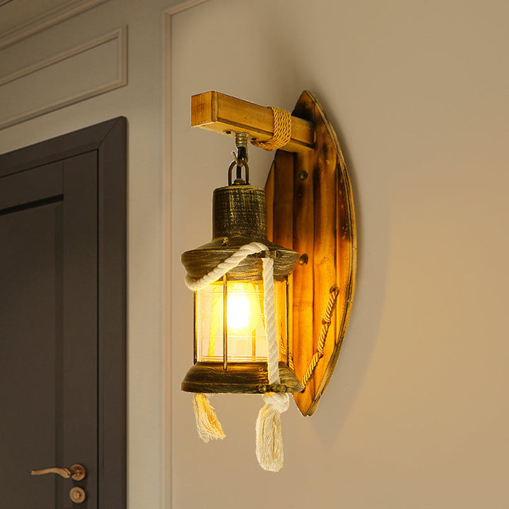 Lisslune | Single Bulb Wall Light Sconce Rustic Style Lantern Clear Glass Wall Mounted Lamp in Antique Bronze