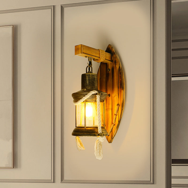 Lisslune | Single Bulb Wall Light Sconce Rustic Style Lantern Clear Glass Wall Mounted Lamp in Antique Bronze
