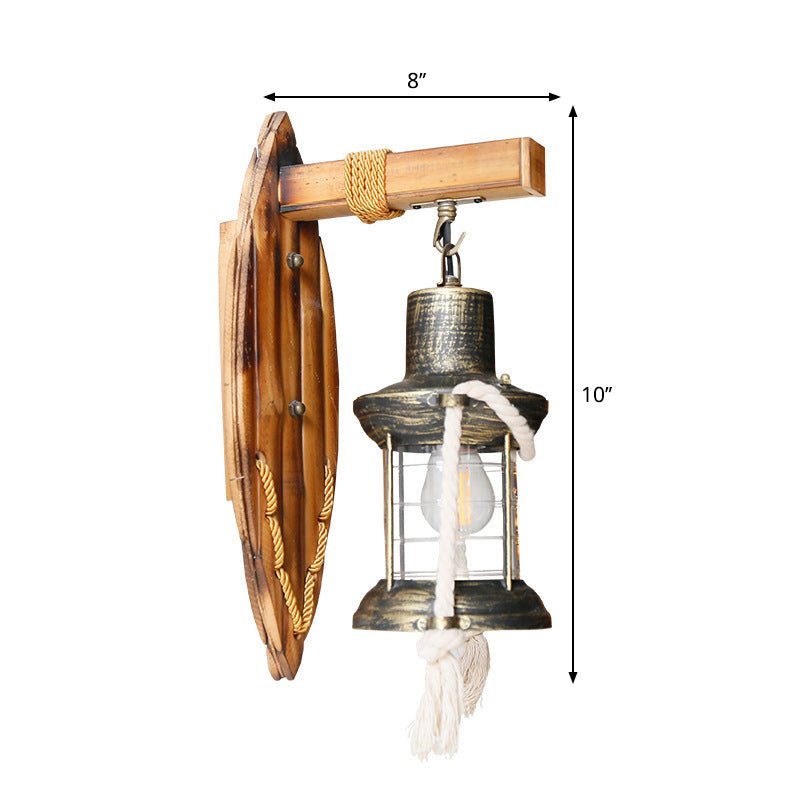 Lisslune | Single Bulb Wall Light Sconce Rustic Style Lantern Clear Glass Wall Mounted Lamp in Antique Bronze