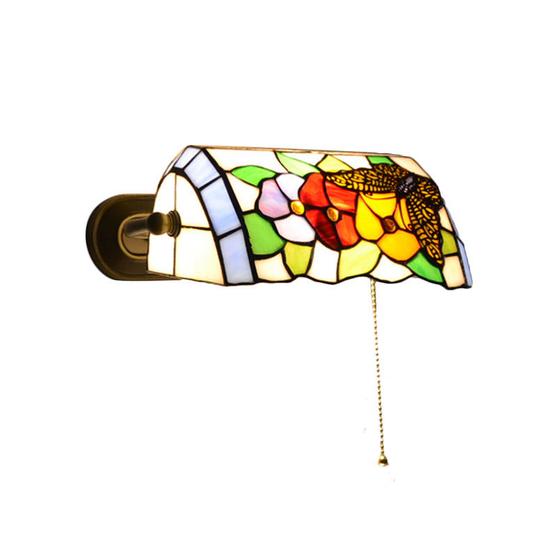 Lisslune | Banker Wall Lamp with Pull Switch Traditional Style Stained Glass Flower Wall Lamp in Brass
