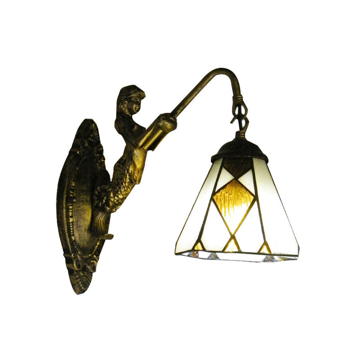 Lisslune | Tiffany Cone Wall Mount Lighting 1 Head Beige Glass Wall Lamp with Mermaid Backplate
