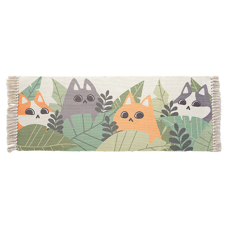 Lisslune | Green and ivory children's rug Kids Animal Cat Fish Pattern Area Rug Cotton Pet-friendly Carpet with Fringe