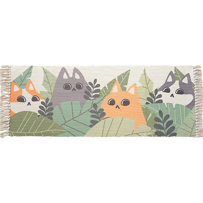 Lisslune | Green and ivory children's rug Kids Animal Cat Fish Pattern Area Rug Cotton Pet-friendly Carpet with Fringe