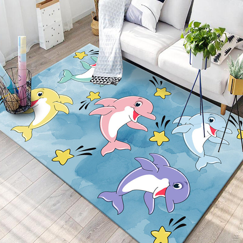 Lisslune | Kids Children's Room Rug in Blue and Pink Animal Cat Rabbit Dolphin Print Rug Polyester Pet-Friendly Area Rug