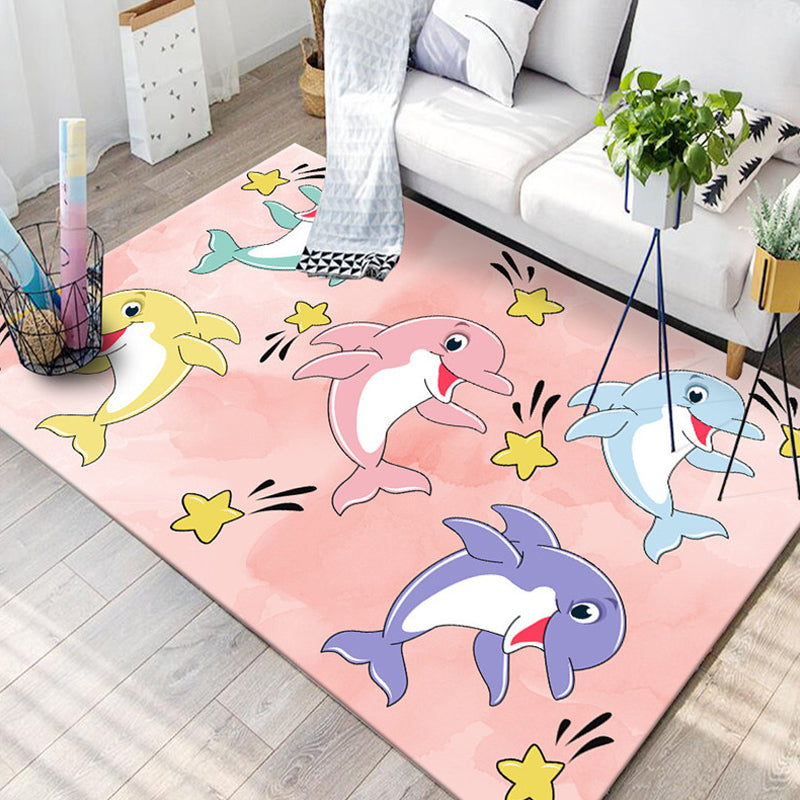 Lisslune | Kids Children's Room Rug in Blue and Pink Animal Cat Rabbit Dolphin Print Rug Polyester Pet-Friendly Area Rug