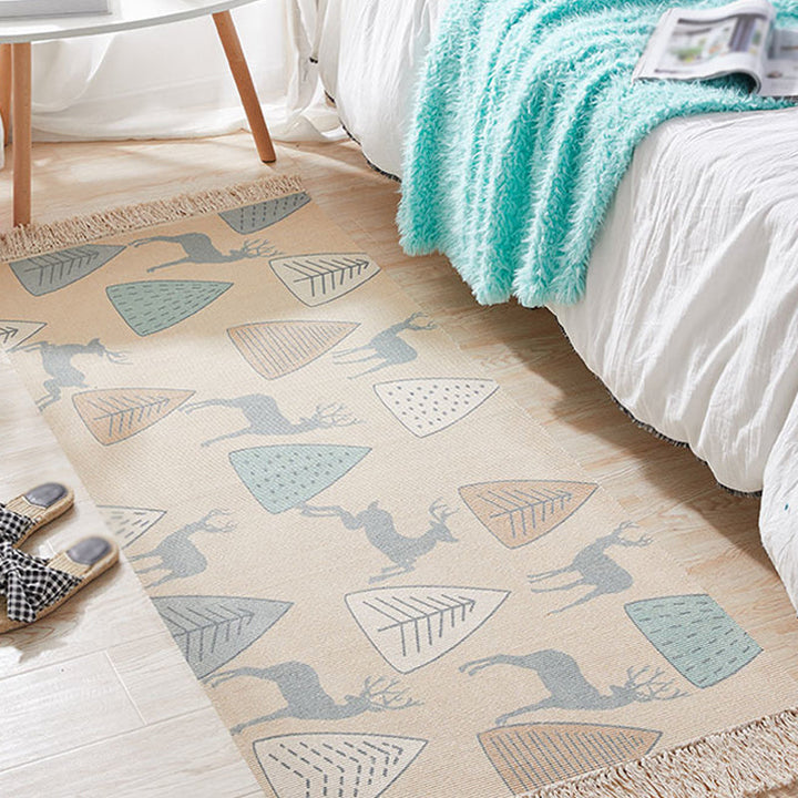 Lisslune | Unique Kids Rug in Ivory Animal Deer Tree Pattern Rug Cotton and Linen Washable Fringe Carpet for Children's Room
