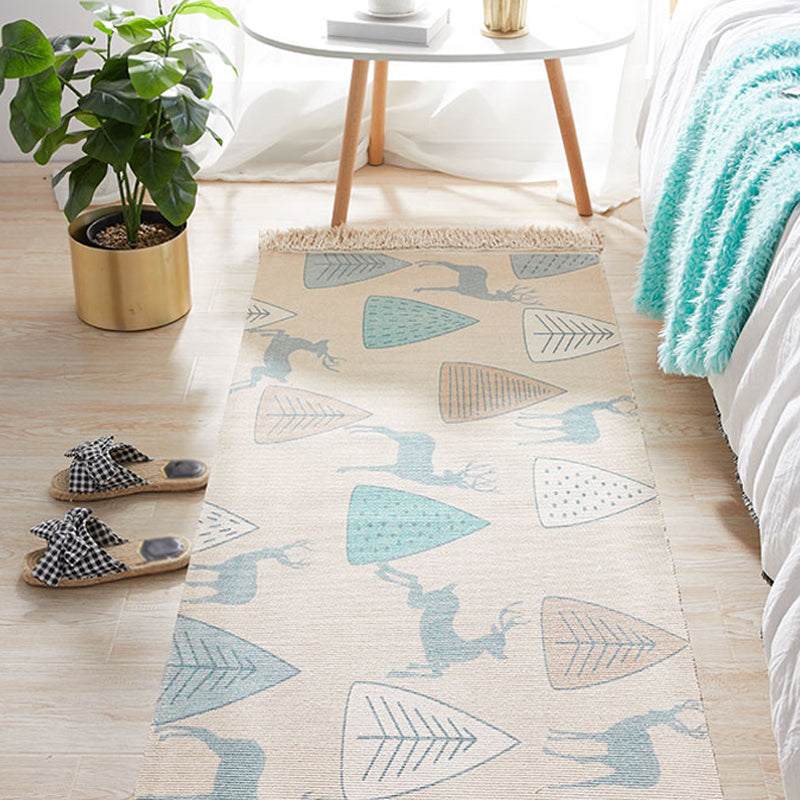 Lisslune | Unique Kids Rug in Ivory Animal Deer Tree Pattern Rug Cotton and Linen Washable Fringe Carpet for Children's Room